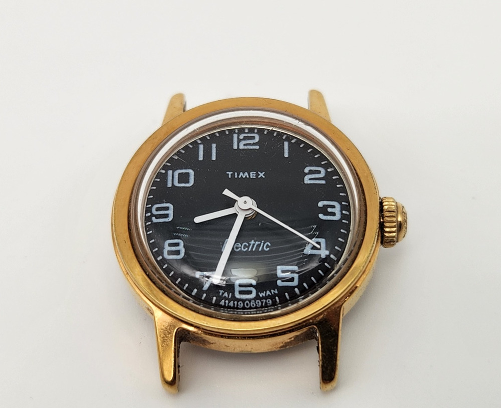 Vintage Timex Electric Watch Women 22mm Gold Tone Black England Dial - Working